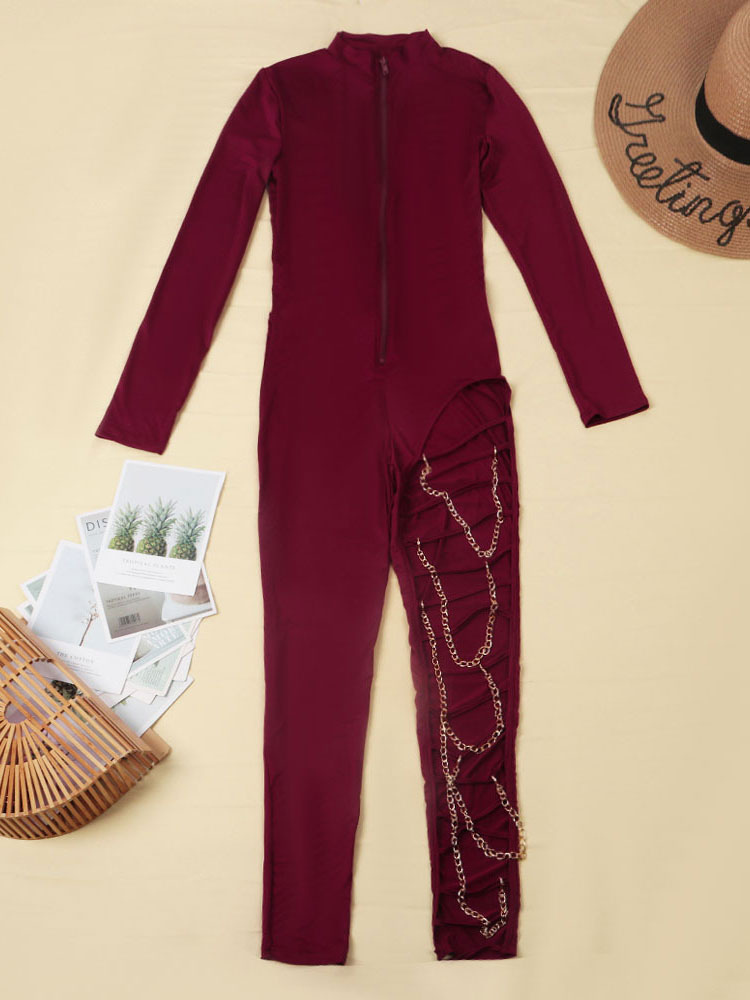 Women's Clothing Jumpsuits & Rompers | Women Burgundy V-Neck Long Sleeves Chains Removable Polyester Tapered Leg Jumpsuits For W