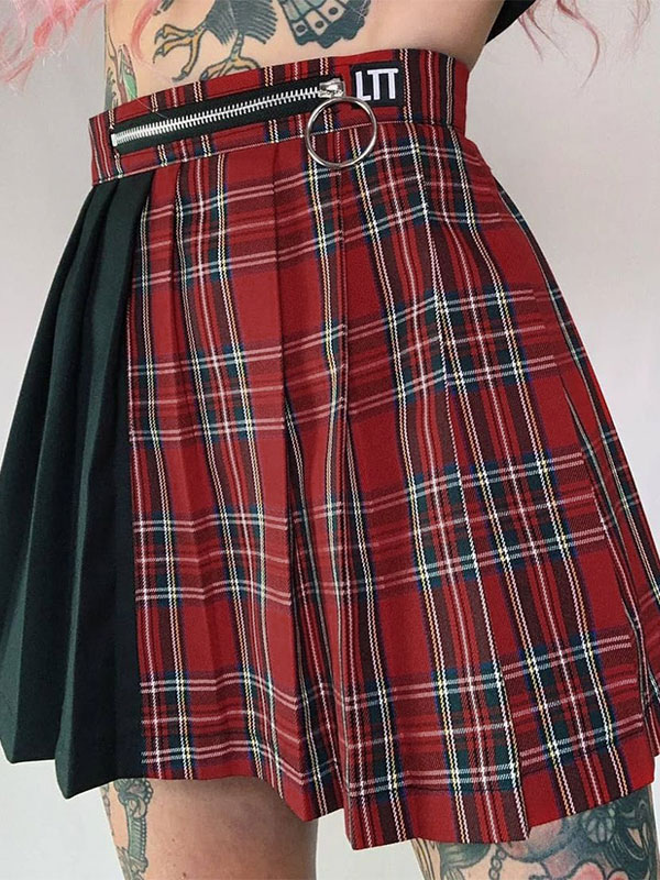 Costumes Costumes | Women Gothic SKirt Red Zipper Chains Plaid Pattern Polyester Pleated Skirt - LJ41906