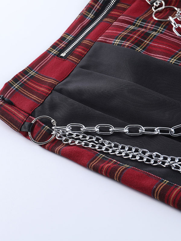 Costumes Costumes | Women Gothic SKirt Red Zipper Chains Plaid Pattern Polyester Pleated Skirt - LJ41906