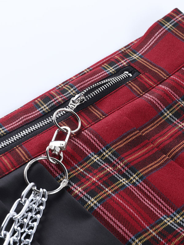 Costumes Costumes | Women Gothic SKirt Red Zipper Chains Plaid Pattern Polyester Pleated Skirt - LJ41906