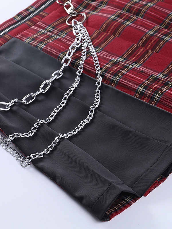 Costumes Costumes | Women Gothic SKirt Red Zipper Chains Plaid Pattern Polyester Pleated Skirt - LJ41906