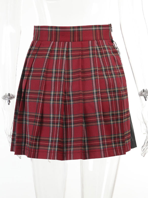 Costumes Costumes | Women Gothic SKirt Red Zipper Chains Plaid Pattern Polyester Pleated Skirt - LJ41906