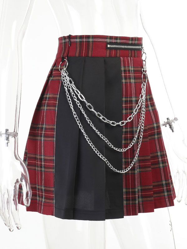 Costumes Costumes | Women Gothic SKirt Red Zipper Chains Plaid Pattern Polyester Pleated Skirt - LJ41906