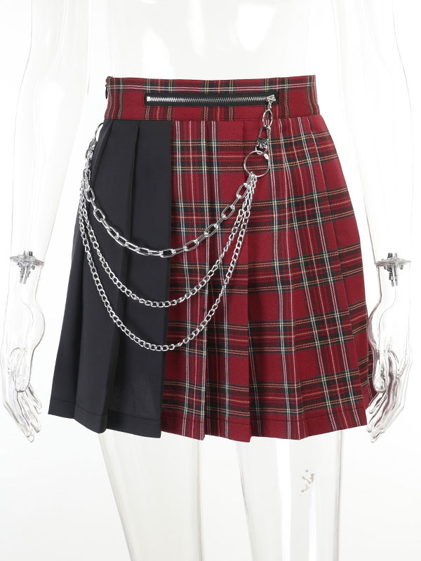 Costumes Costumes | Women Gothic SKirt Red Zipper Chains Plaid Pattern Polyester Pleated Skirt - LJ41906