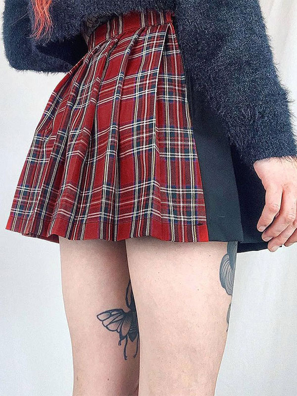 Costumes Costumes | Women Gothic SKirt Red Zipper Chains Plaid Pattern Polyester Pleated Skirt - LJ41906