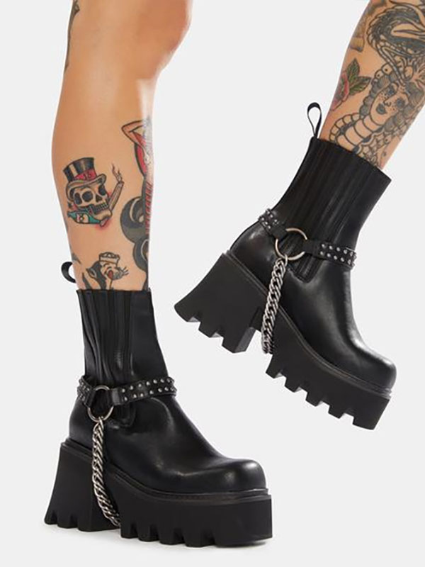 Women's Chains Platform Chunky Ankle Boots in Black - Milanoo.com