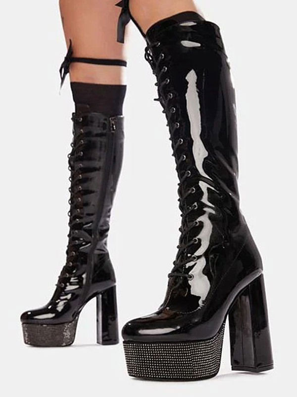 Womens Chunky Heel Lace Up Knee High Boots In Black Patent Leather