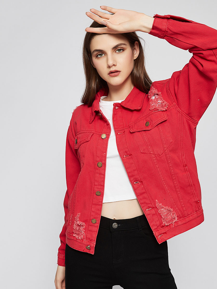 Women Red Jacket Cotton Turndown Collar Long Sleeves Cowboy Jacket Cozy