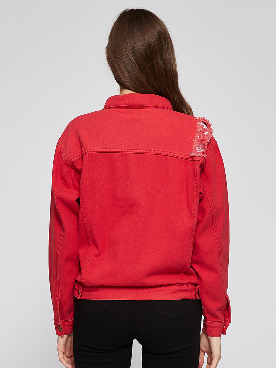 Women Red Jacket Cotton Turndown Collar Long Sleeves Cowboy Jacket Cozy