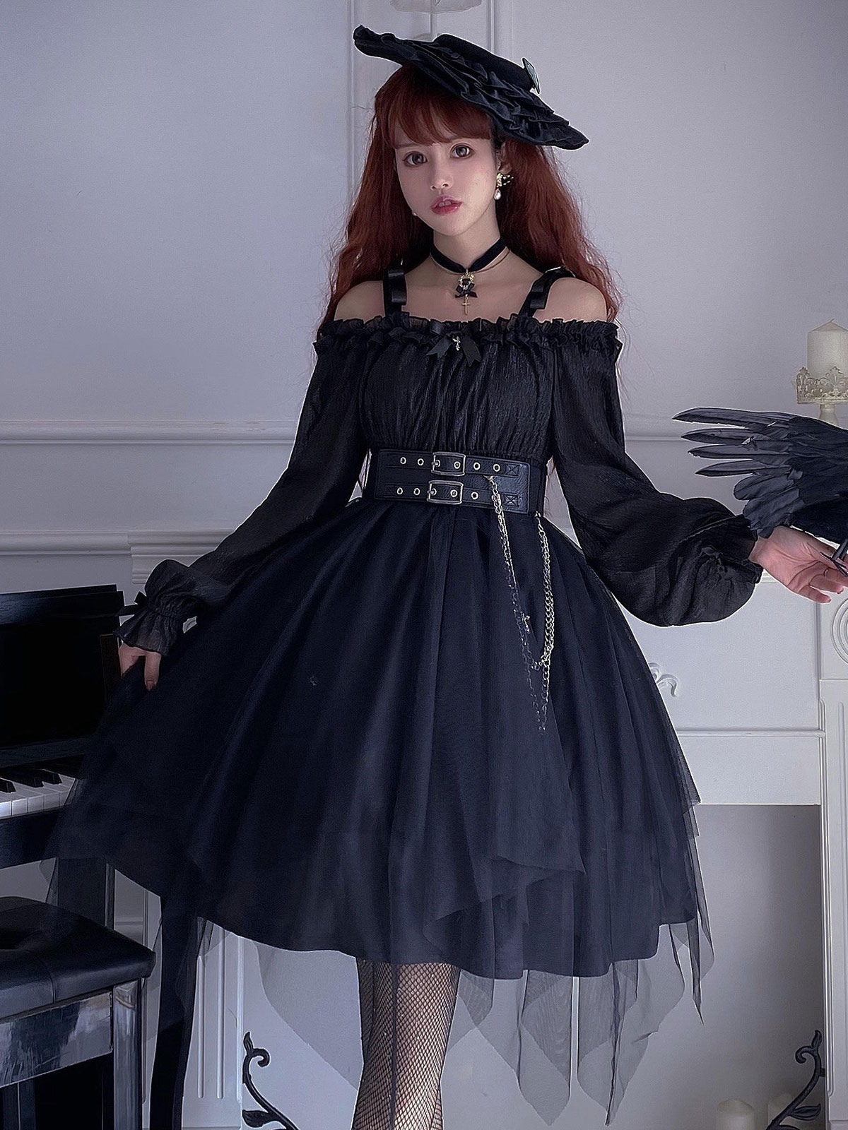 Gothic Lolita OP Dress Black Burgundy Ruffles Bows Open The Shoulder ...