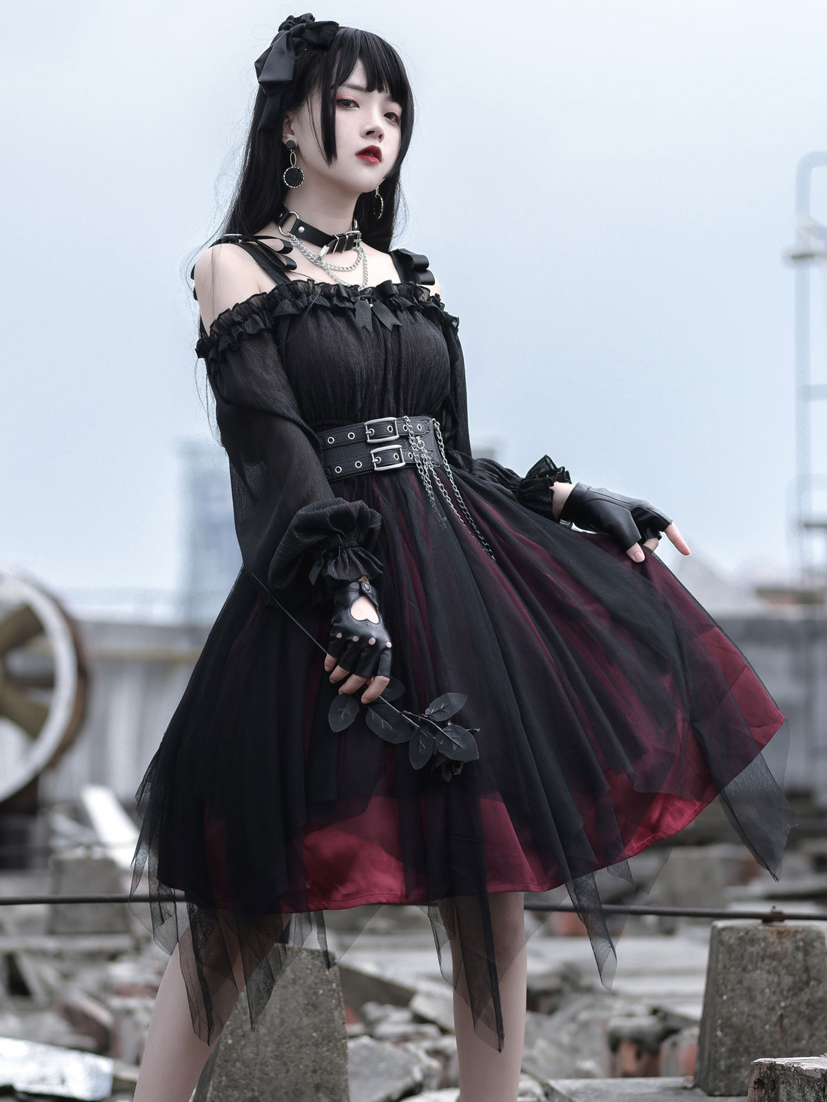 Gothic Lolita OP Dress Black Burgundy Ruffles Bows Open The Shoulder ...