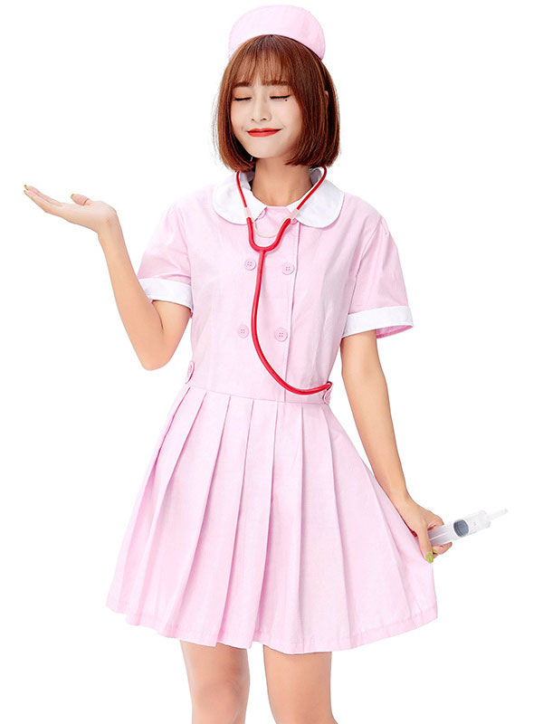 Halloween Costume For Adult Pink Nurse Polyester Holiday Costume Set