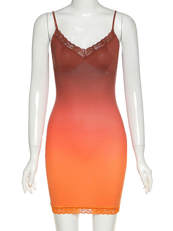 Women's Clothing Dresses | Bodycon Dress Ombre Orange Straps Neck Open Shoulder Sexy Sleeveless Pencil Wrap Dresses - ML78270