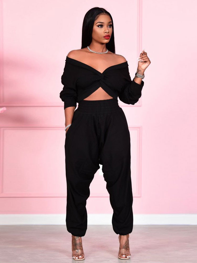 Women's Clothing Jumpsuits & Rompers | Gray V-Neck Long Sleeves Open Shoulder Strapless Polyester Jumpsuits For Women - NA64632