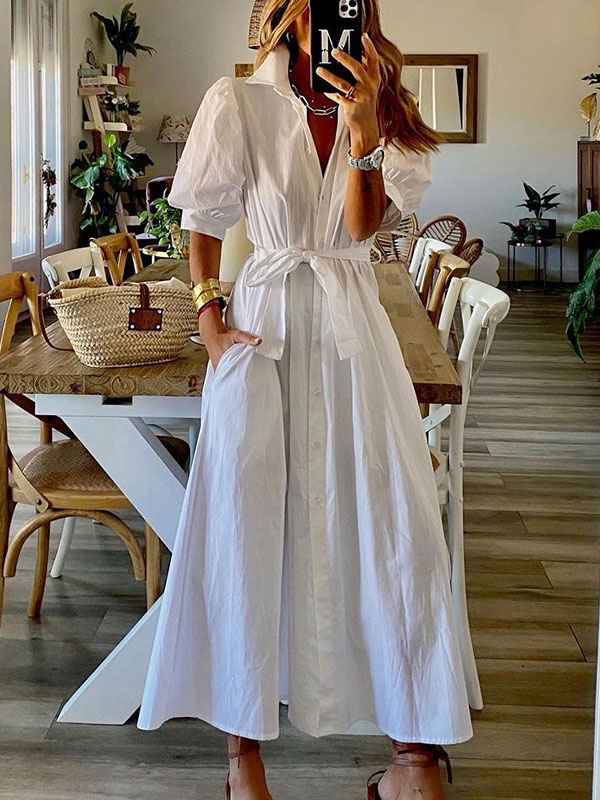 Moda Mujer Vestidos | Vestido largo de mujer con cuello vuelto blanco, medias mangas, botones plisados, vestido largo de poliéster con cordones - YE53947