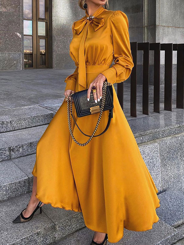 Moda Mujer Vestidos | Vestido largo de mujer Vestido largo de poliéster de manga larga con cuello vuelto amarillo anaranjado - AD89835