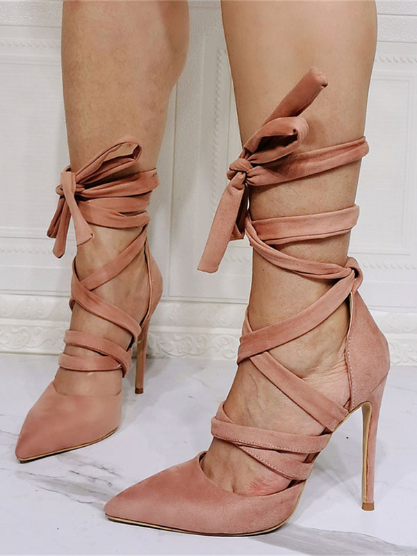 Zapatos de Mujer | Sandalias de tacón para mujer Tacón de aguja Sandalias superiores de micro gamuza Tacones con cordones rosas - ID71796