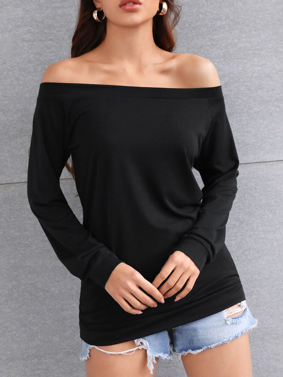 Mode Femme Tops | T-shirt Court Femme avec Manches Longues avec Epaule Dénudée Unicolore Blouse Sexy - HD82209
