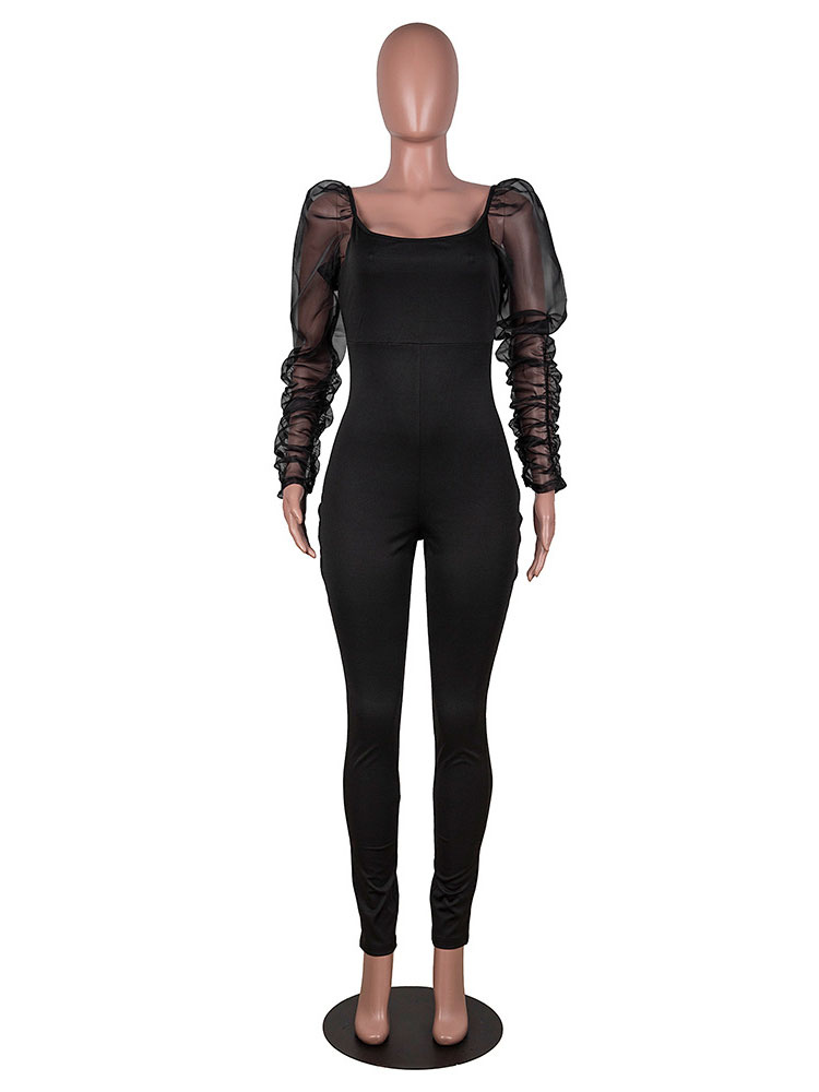 Women's Clothing Jumpsuits & Rompers | Black Square Neck Long Sleeves Tulle Tapered Leg Jumpsuits For Women - YL88166