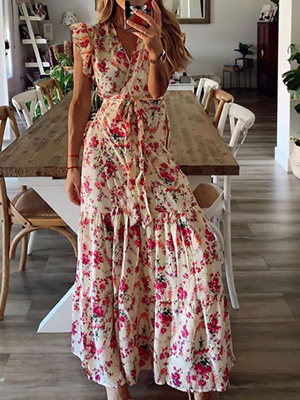 Women's Clothing Dresses | Women Long Dress V-Neck Sleeveless Lace Up Pleated Ruffles Floral Print Stretch Maxi Dress - SY78750