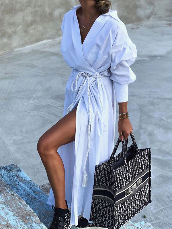 Women's Clothing Dresses | Women White Long Dress Turndown Collar Long Sleeves Lace Up Casual Maxi Dress - PX13257