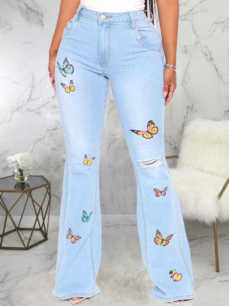 Pantalones vaqueros de mujer Pantalones acampanados elásticos de mezclilla  con botones con estampado de animales en azul claro - Milanoo.com