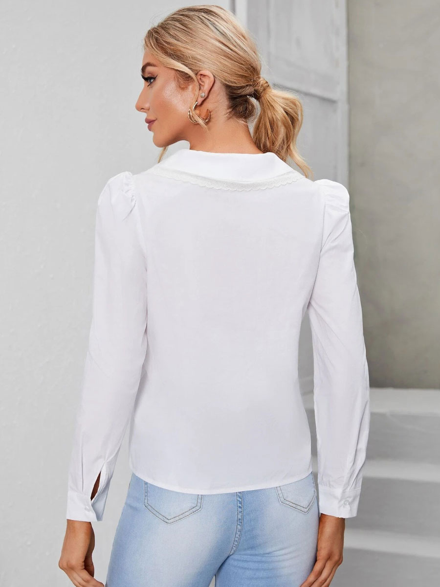 Blouse For Women White Polyester Turndown Collar Stretch Casual Buttons Long Sleeves Casual 