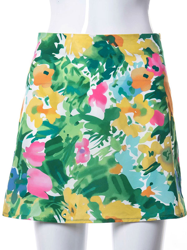 Women's Clothing Women's Bottoms | Skirt For Women Green Piping Printed Polyester Short Raised Waist Stretch Summer Bottoms - TF