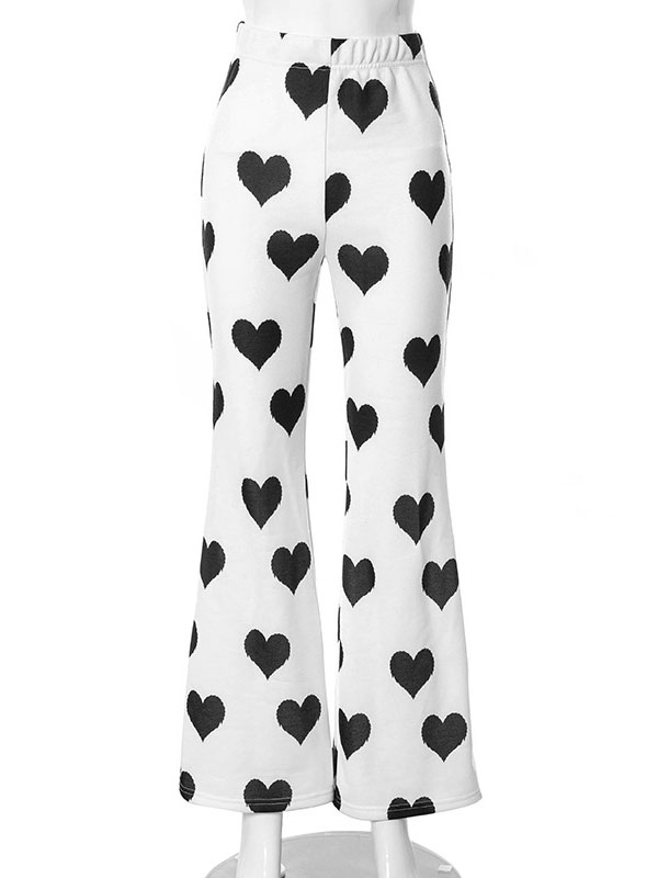 Women Long Pants White Piping Polyester Stretch Raised Waist Black