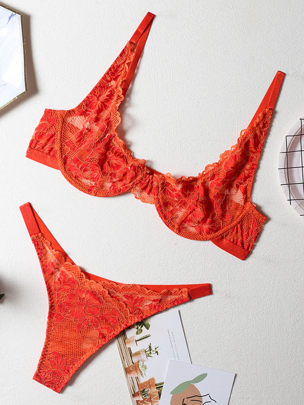 Orange Lingerie Bra For Woman Lace Polyester Bra Panty 2Piece Set