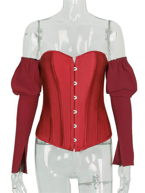 Lingerie Corsets & Bustiers | Casual White Grommets Corset For Women Open Shoulder Long Sleeve Polyester Corset - WH23087