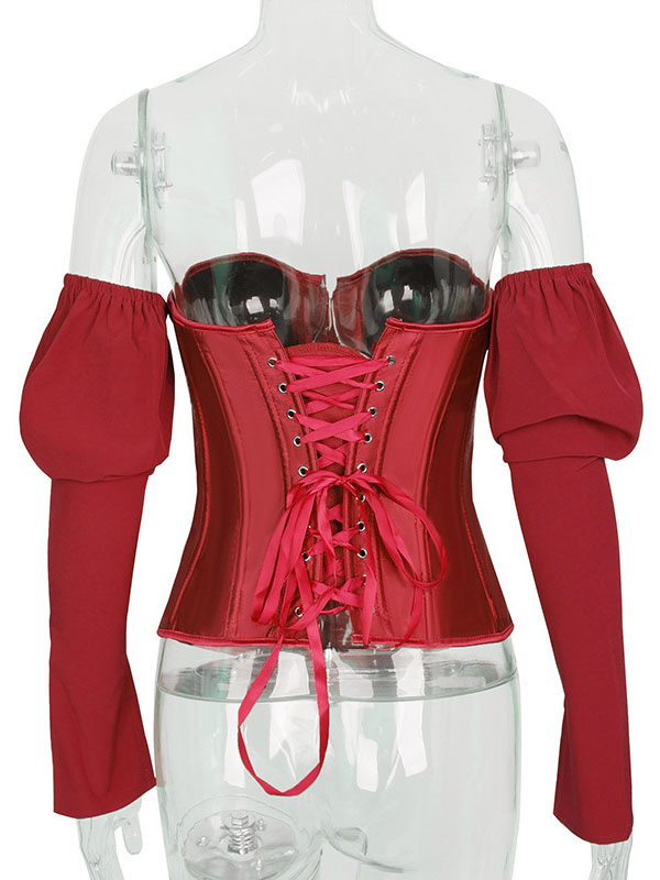 Lingerie Corsets & Bustiers | Casual White Grommets Corset For Women Open Shoulder Long Sleeve Polyester Corset - WH23087