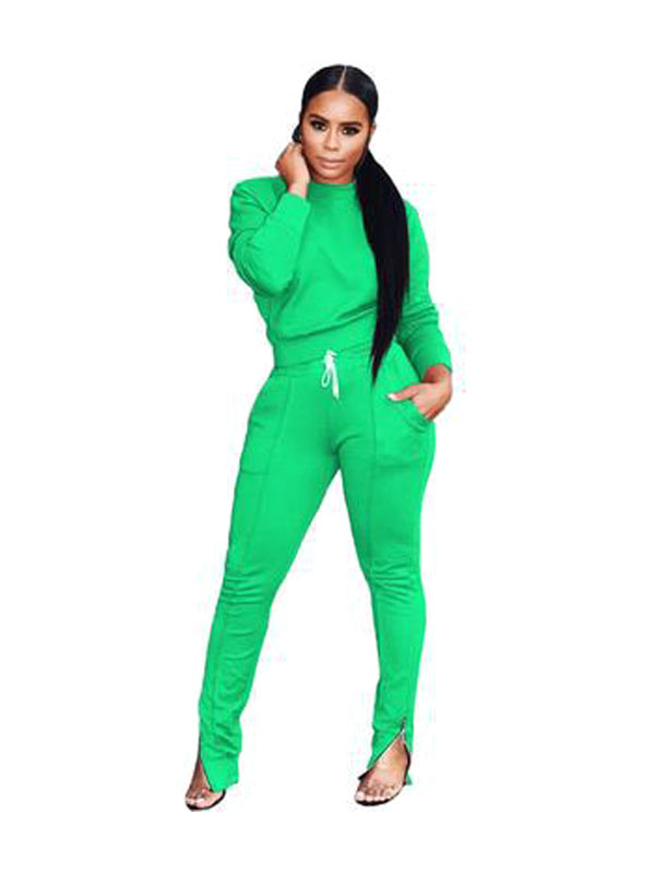 Two Piece Sets Green Polyester Athletic Spring Long Sleeves Women