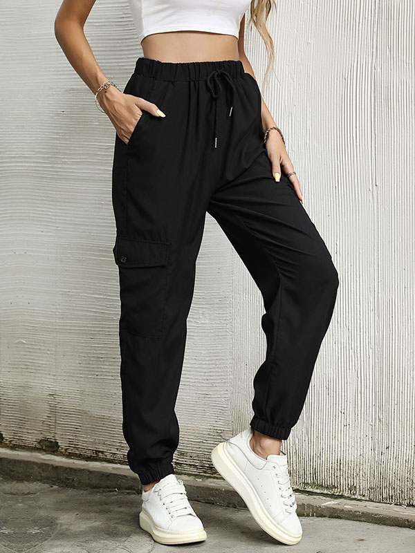 Women's Clothing Women's Bottoms | Women Long Sweatpants Black Polyester Raised Waist Thin Trousers - FA16883