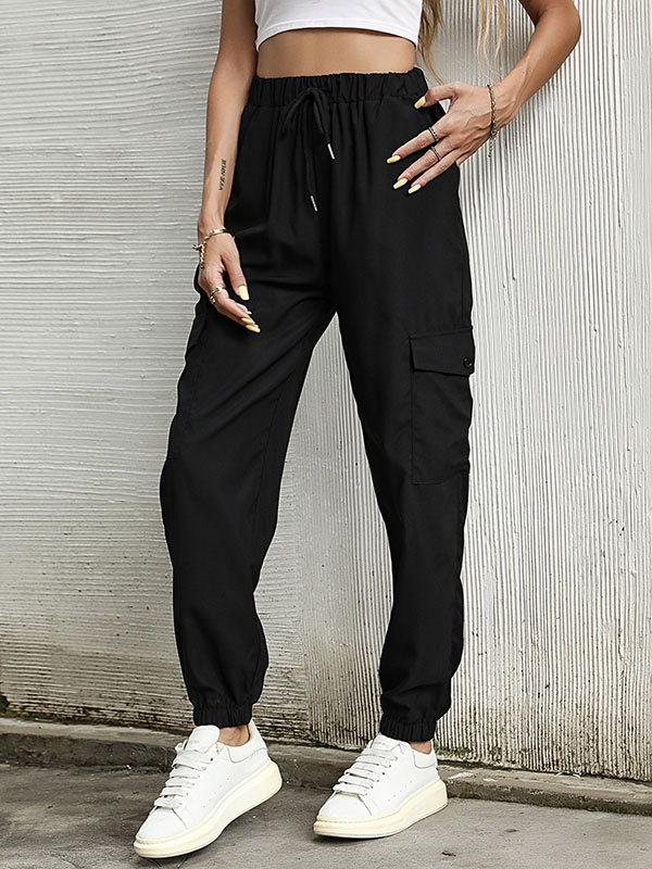 Women's Clothing Women's Bottoms | Women Long Sweatpants Black Polyester Raised Waist Thin Trousers - FA16883