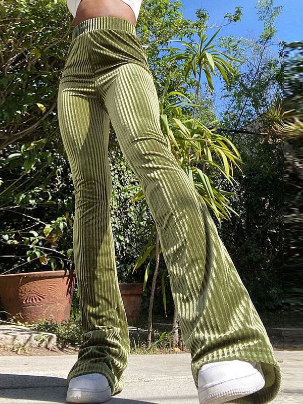 Women Pants Olive Green Piping Corduroy Stretch Raised Waist Flared