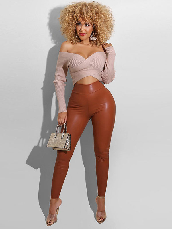 Women's Clothing Women's Bottoms | Women Pants Coffee Brown Pu Leather Stretch Natural Waist Skinny Trousers - NU17197