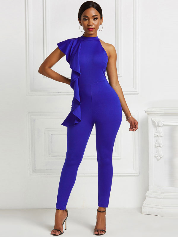 Women's Clothing Jumpsuits & Rompers | Blue Jewel Neck One Shoulder Short Sleeves Pleated Layered Polyester Skinny Jumpsuits For