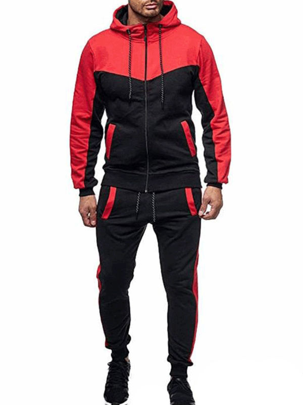 Men's Clothing Men's Activewear | Men's Activewear 2-Piece Color Block Long Sleeves Hooded Red - VP75367
