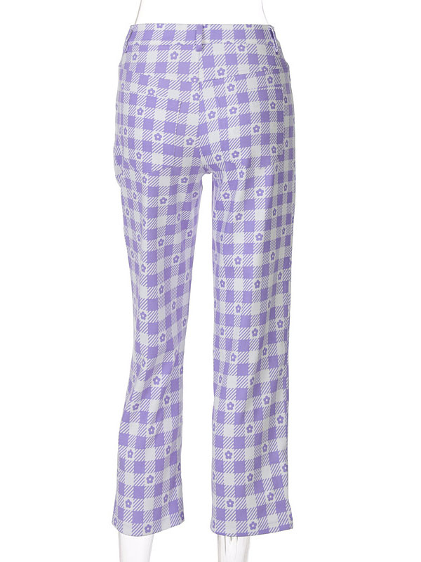 Women Pants Purple Plaid Pattern Buttons Polyester Stretch Raised Waist ...