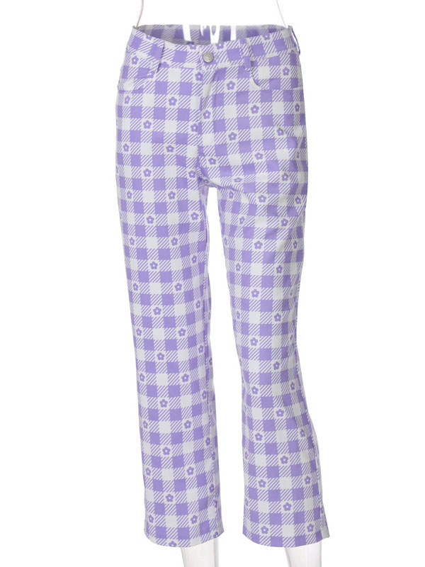 Women Pants Purple Plaid Pattern Buttons Polyester Stretch Raised Waist ...