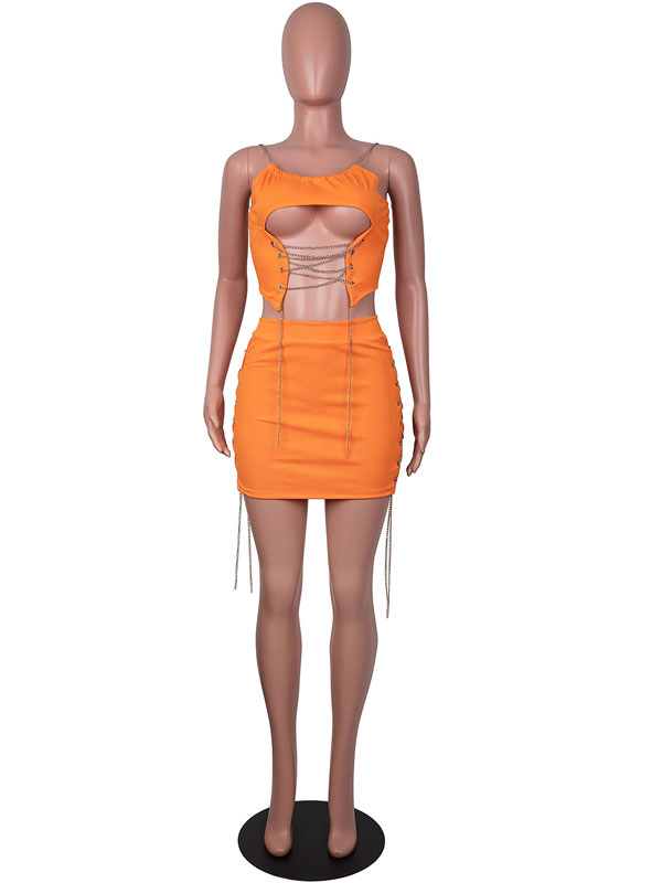 Two Piece Sets Orange Polyester Jewel Neck Lace Up Sexy Mini Skirt Sleeveless Women Outfit 