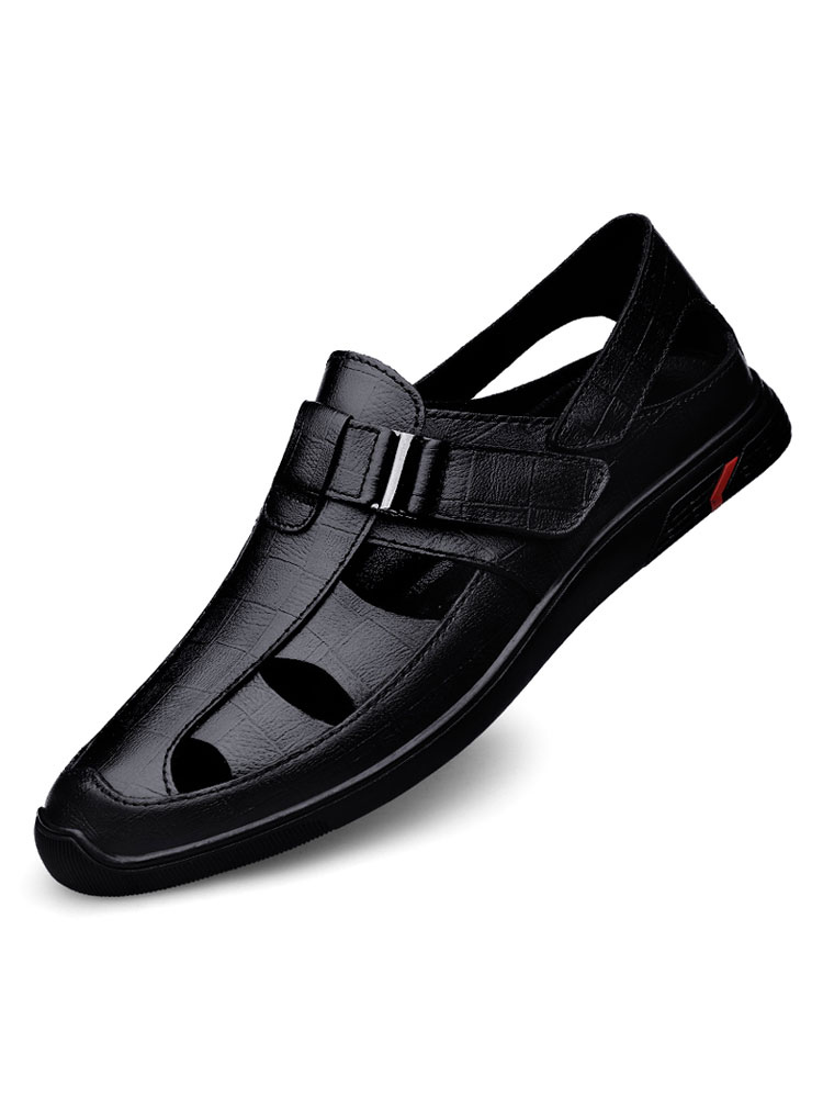 Zapatos de hombre | Sandalias de Hombre Sandalias Planas Negras con Suela de Goma Piel de Vaca - RZ31156