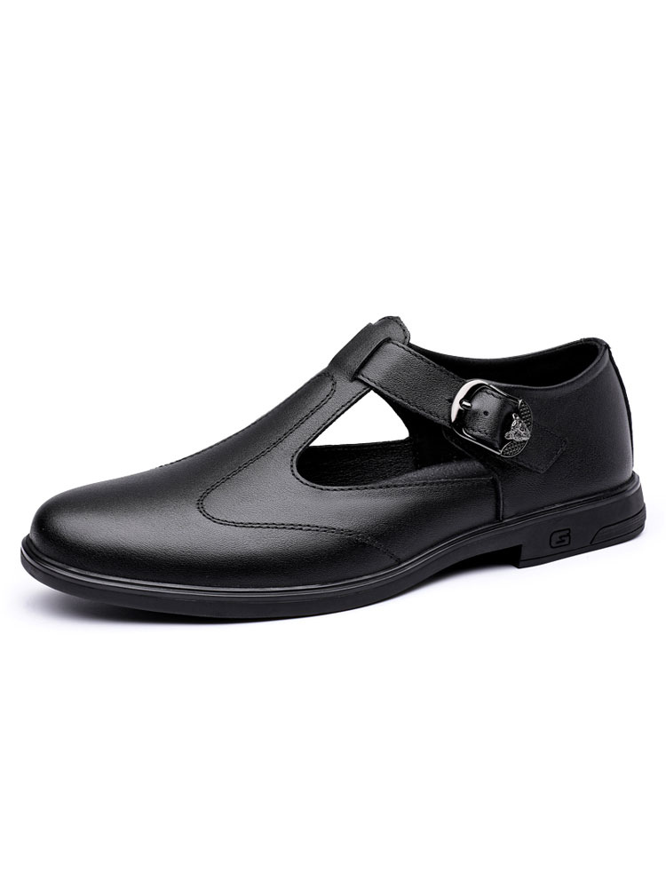 Zapatos de hombre | Sandalias para hombre Sandalias planas negras con suela de goma de piel de vacuno sin cordones - HE82961