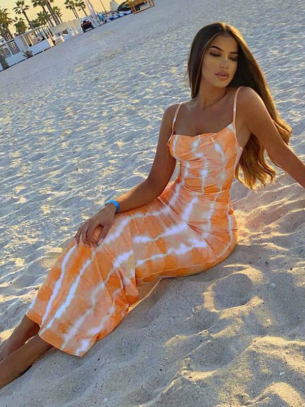 Women's Clothing Dresses | Bodycon Dresses Tie Dye Orange Straps Neck Piping Open Shoulder Casual Sleeveless Long Pencil Dress -