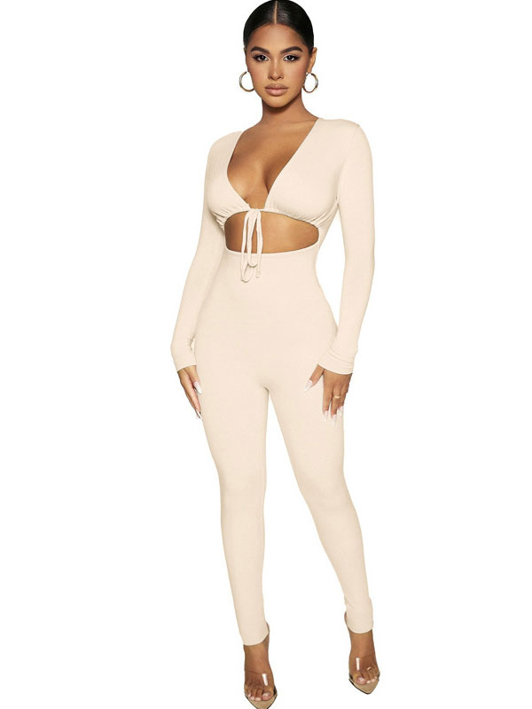 Women's Clothing Jumpsuits & Rompers | Light Apricot V-Neck Long Sleeves Lace Up Irregular Polyester Tapered Leg Jumpsuits For Women - IW73193