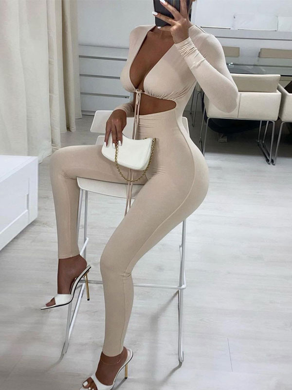 Women's Clothing Jumpsuits & Rompers | Light Apricot V-Neck Long Sleeves Lace Up Irregular Polyester Tapered Leg Jumpsuits For Women - IW73193