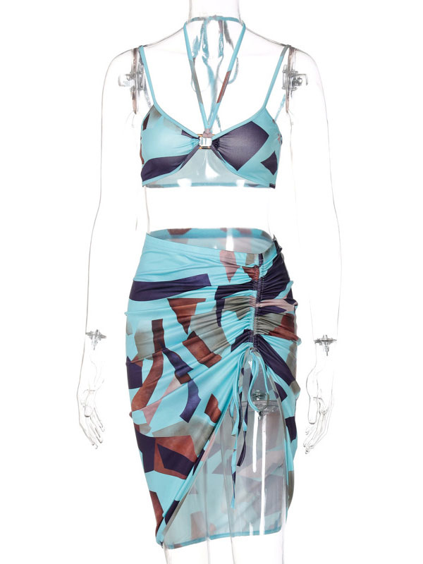 Women's Clothing Two Piece Sets | Two Piece Sets Light Sky Blue Polyester Drawstring Split Front Printed Casual Top Summer Sleeveless Straps Neck Drawstring Women Outfit - PN15259