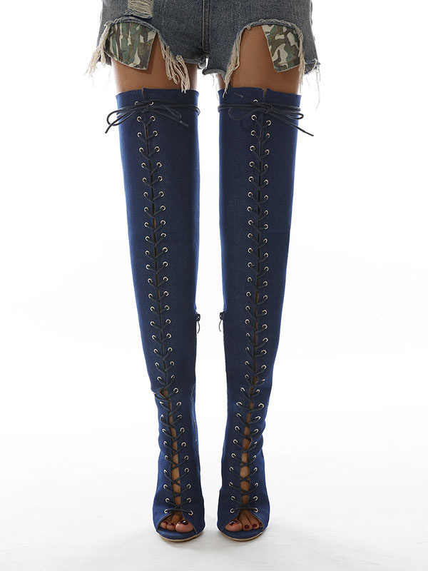Zapatos de Mujer | Botas por encima de la rodilla para mujer, tacón de aguja, tela elástica, botas altas hasta el muslo con cordones azules - OQ59720