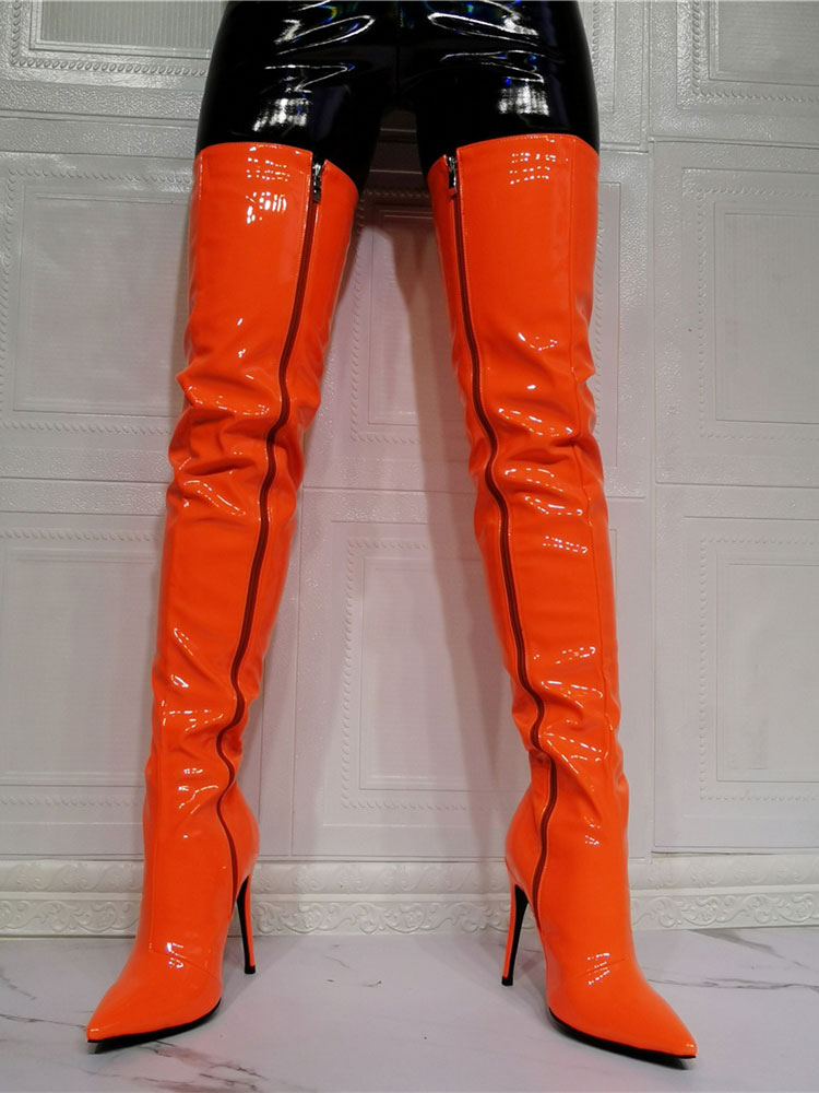 Women's Thigh High Heel Boots in Orange Patent Bright Leather - Milanoo.com